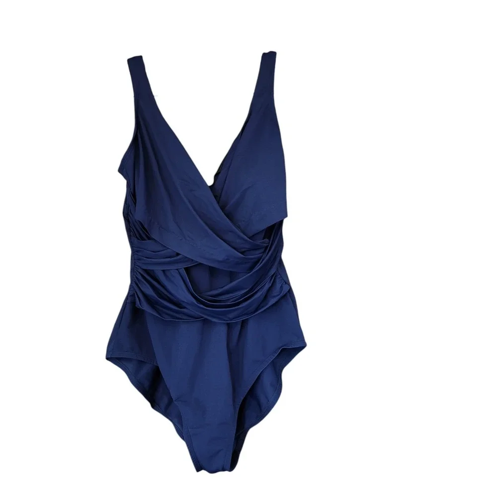 Lands End Womens One Piece Swimsuit Size 14 Navy Blue Grecian Wrap